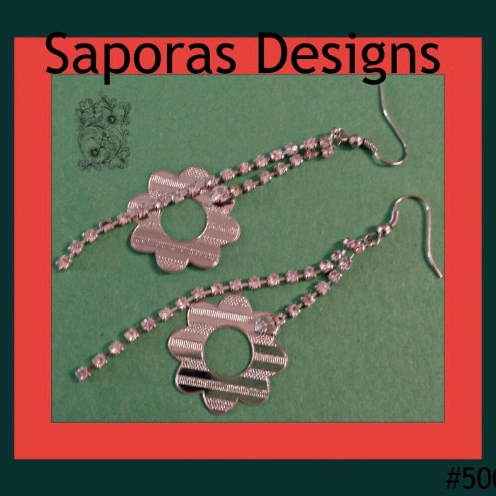 Silver Tone Flower Design Dangle Earrings With Clear Crystals